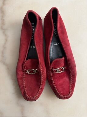 Escada | Vintage Red Suede Handsewn Moccasin Flats Silver Hardware Size 36.5